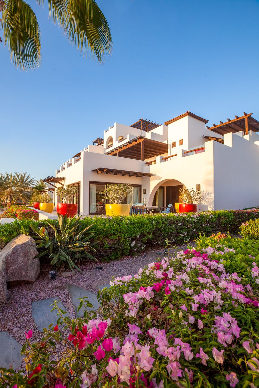 Jardín florido con bugambilias y la casa detrás
